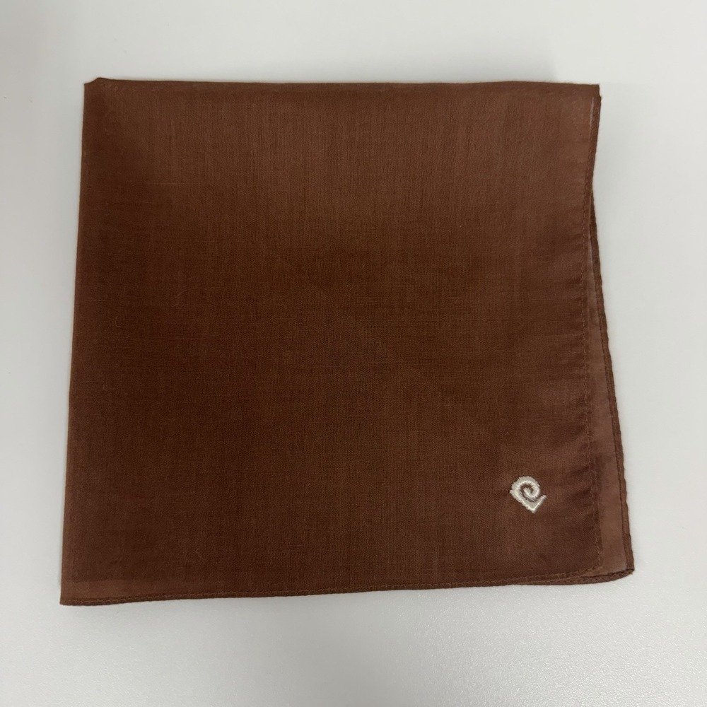 Vintage Men Pierre Cardin Pocket Square Brown Embroidered Logo 14 1/4" x 14 1/2"